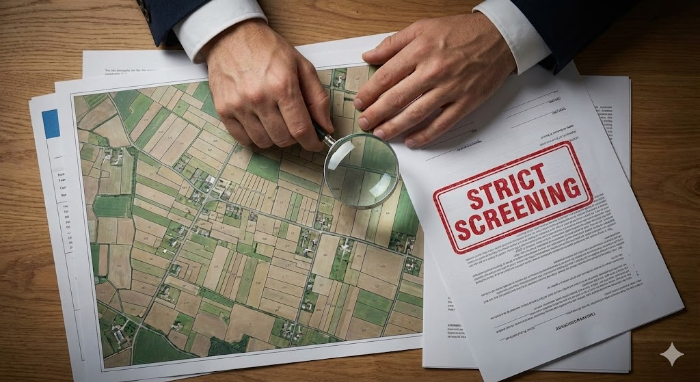 'Strict Screening' 문구와 함께 돋보기를 들고 서류를 검토하는 손과 농지 지도가 겹쳐진 이미지. 철저한 심사를 상징.