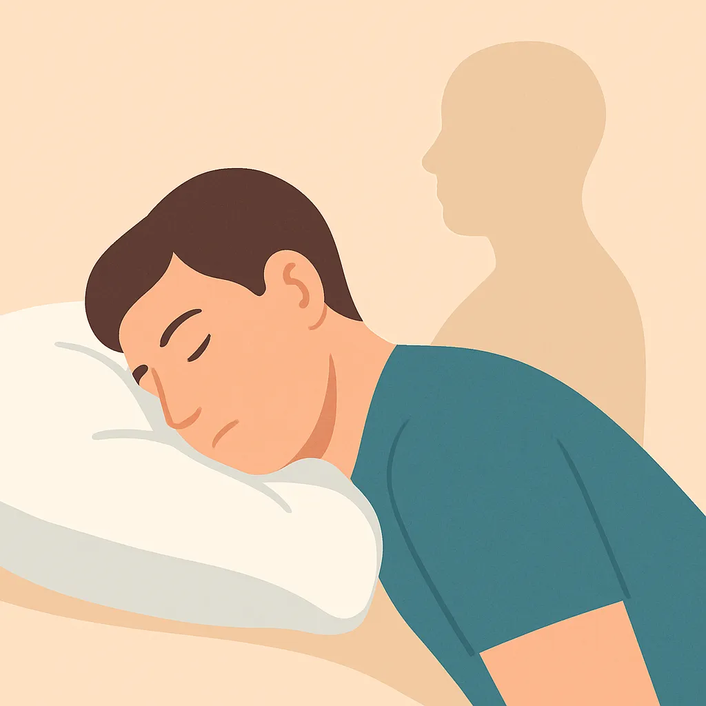 옆으로 누워 베개를 크게 눌러가며 자는 사람의 모습이 담긴 일러스트