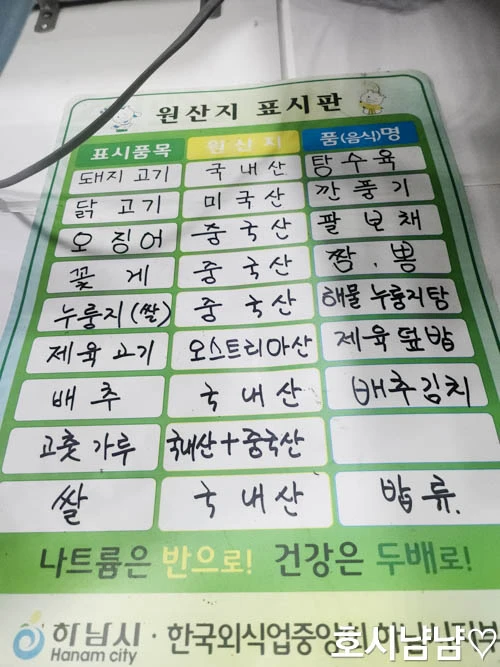 요리왕 중식당 원산지 표시판
