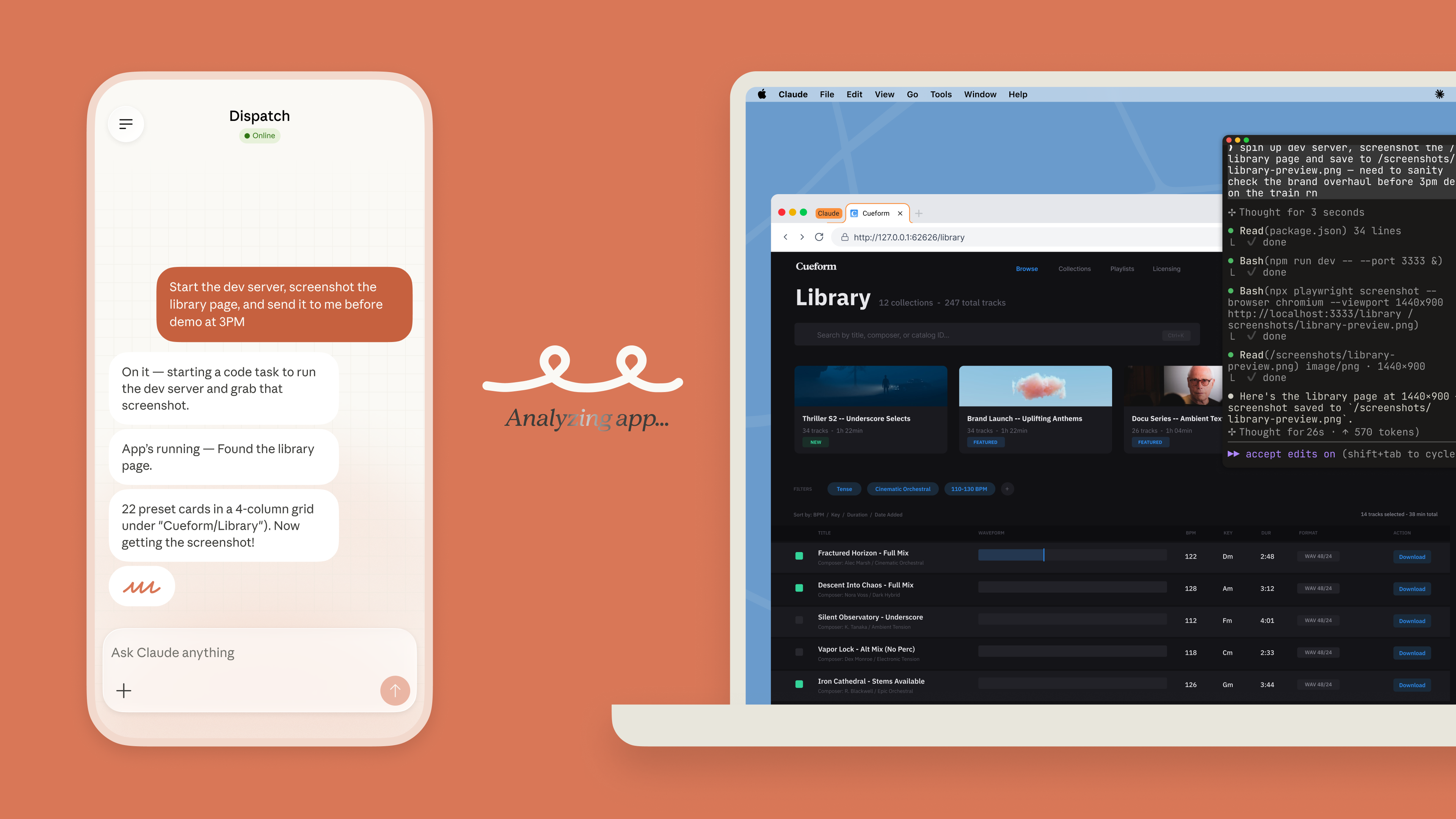 휴대폰 지시와 데스크톱 작업이 연결된 클로드 코드 화면 예시