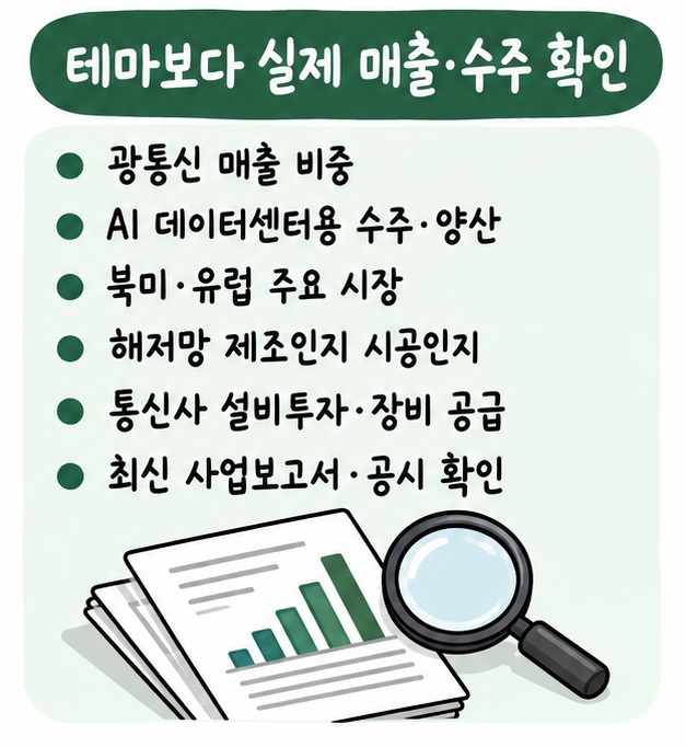 광통신 매출 비중과 AI 데이터센터용 수주, 주요 시장·고객사, 해저망 사업구조, 통신사 설비투자를 확인하는 투자 체크리스트 카드