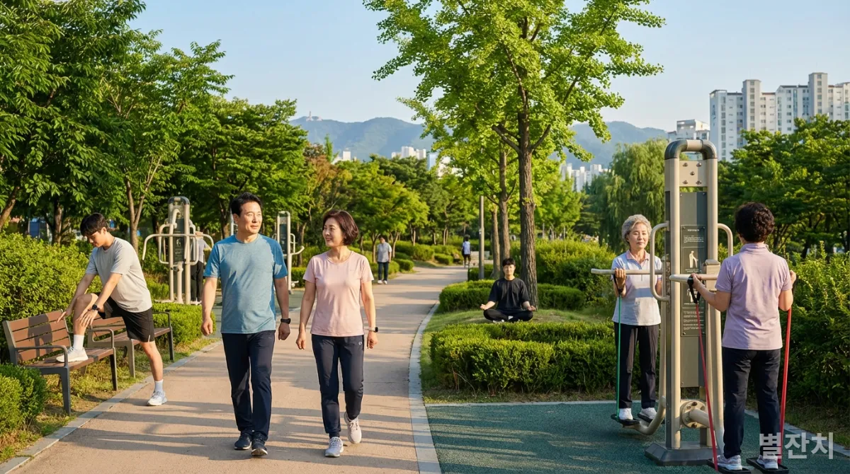 한국 공원에서 운동하고 명상하는 사람들