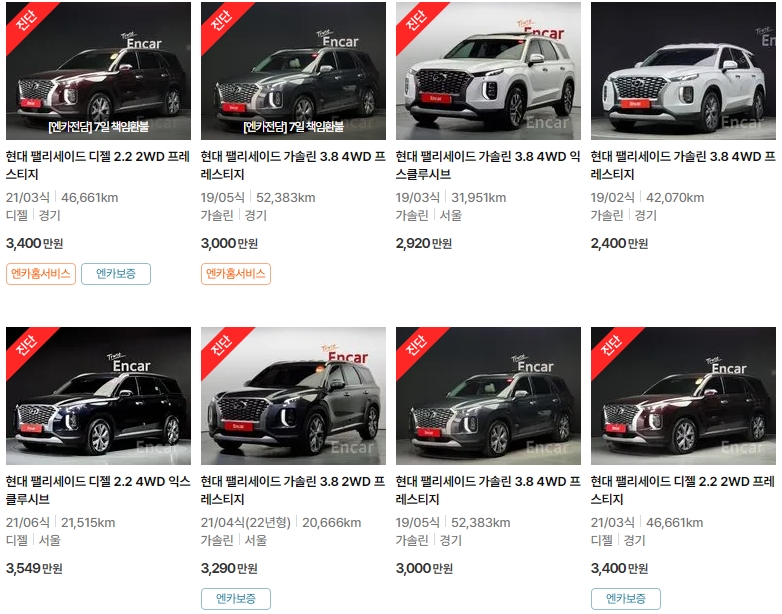 팰리세이드 중고차 가격표 (엔카)