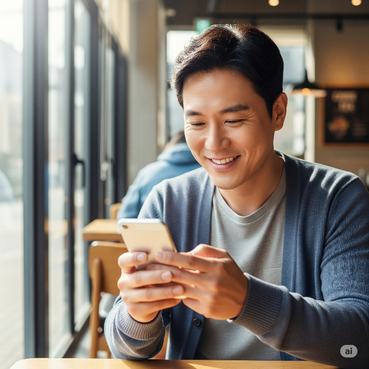 밝은 미소를 지으며 스마트폰을 사용하는 한국인 남성