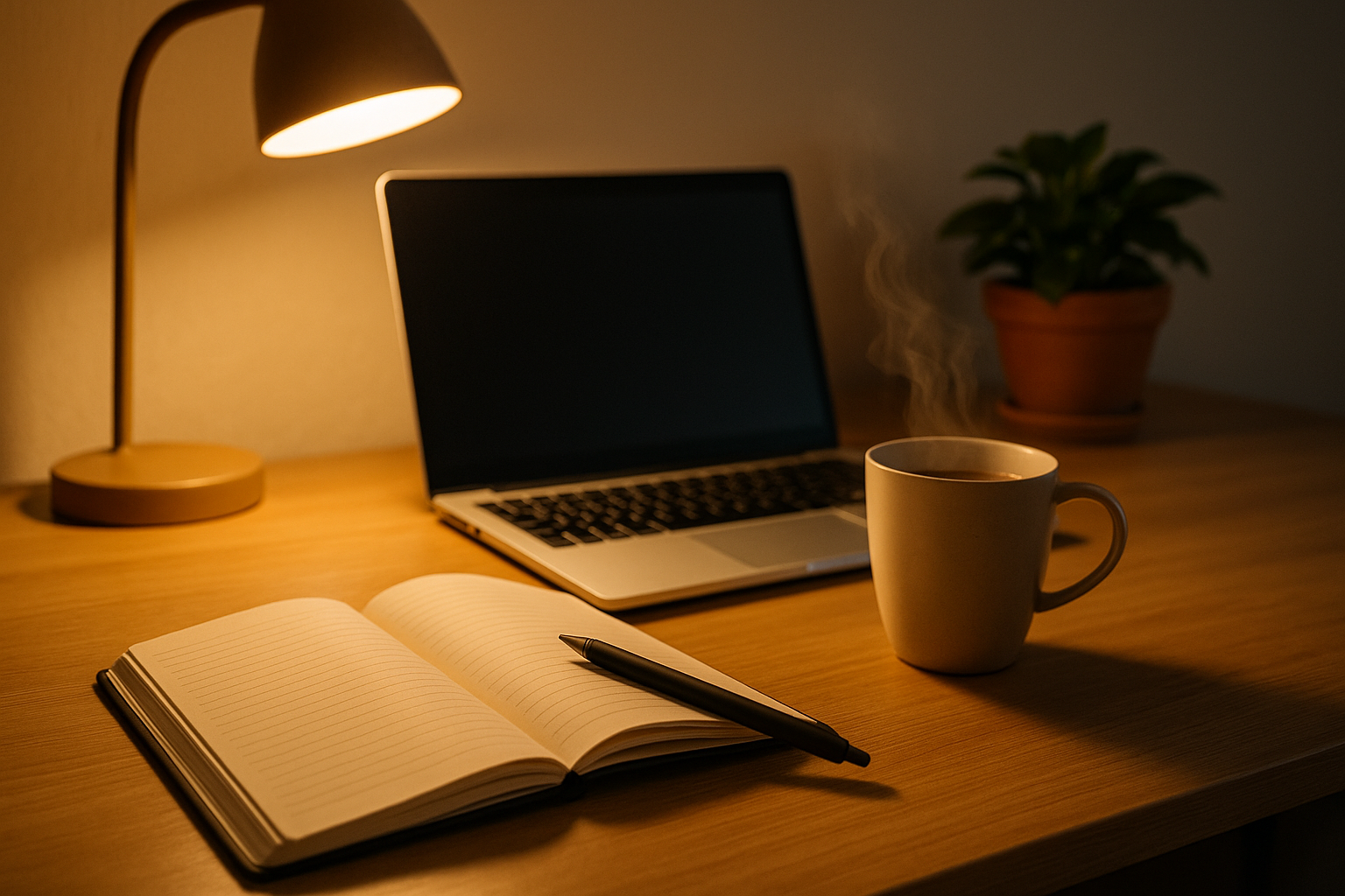 조명이 켜진 책상 위에 커피잔, 펜, 노트북이 놓인 따뜻한 분위기의 사진