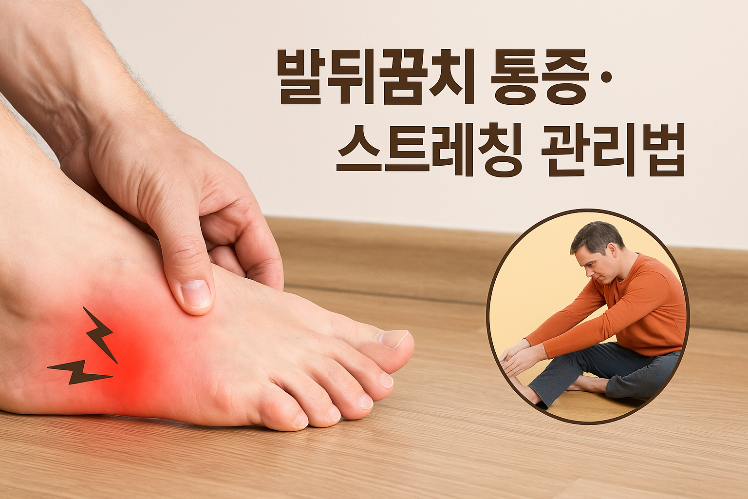 실내에서 아침 햇살이 비치는 바닥 위에서 한 사람이 발뒤꿈치를 잡고 스트레칭하는 모습. 발뒤꿈치 부위에 붉은 빛으로 통증을 표시했고, 이미지 상단에는 “발뒤꿈치 통증·스트레칭 관리법”이라는 한글 문구가 적혀 있다.