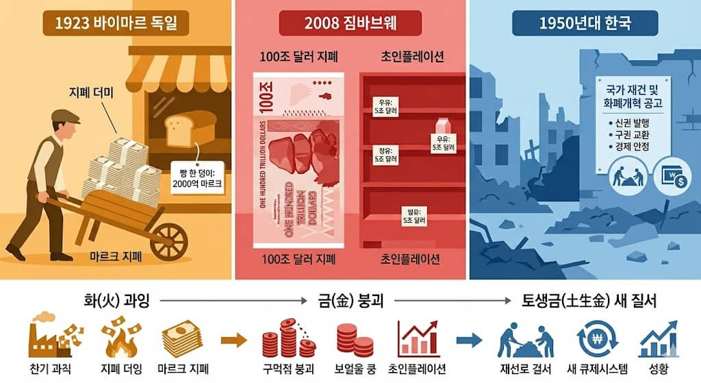 파일명: hyperinflation_history_weimar_zimbabwe_korea_ohaeng_fire_gold_cycle_2026.jpg Alt 태그: 하이퍼인플레이션 역사 바이마르 짐바브웨 한국 비교 화극금 오행 순환 통화 붕괴 2026 달러 패권