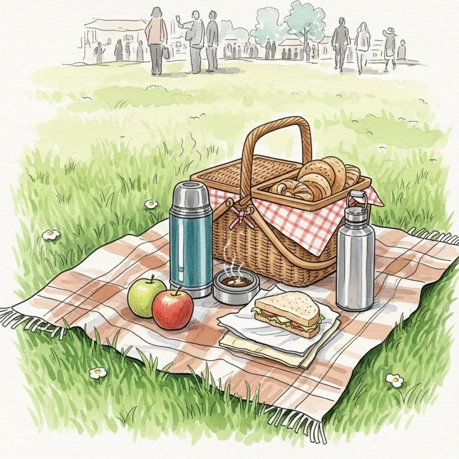 피크닉 준비물과 함께 잔디에 앉아 쉬는 모습