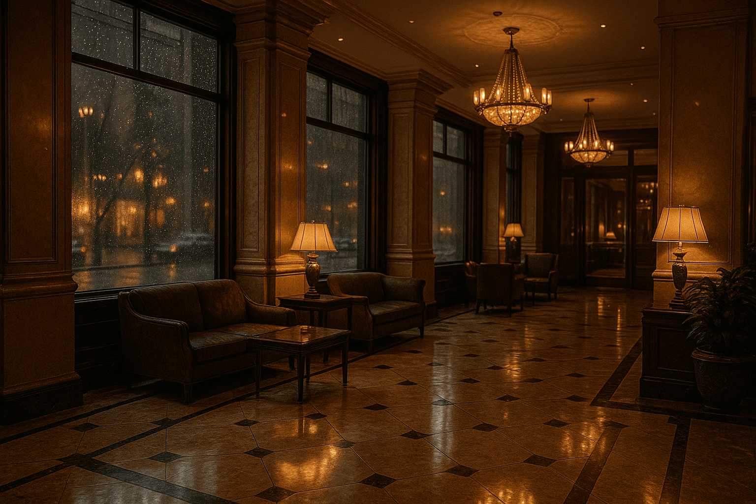 고급스러운 호텔 로비 내부, 어두운 조명 아래 클래식한 샹들리에와 소파 세트가 놓여 있으며, 창밖으로는 빗방울이 흐르는 도시의 밤 풍경이 보인다