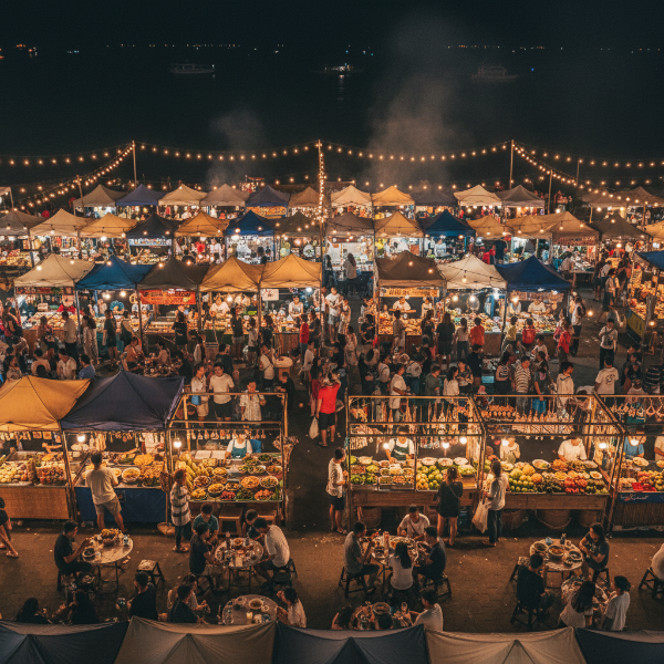 동남아 야시장에서 현지 음식을 맛보고 쇼핑하는 사람들