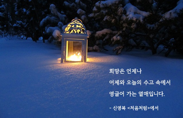 눈 위에 놓인 등불에서 빛이 어둠을 밝히는 모습