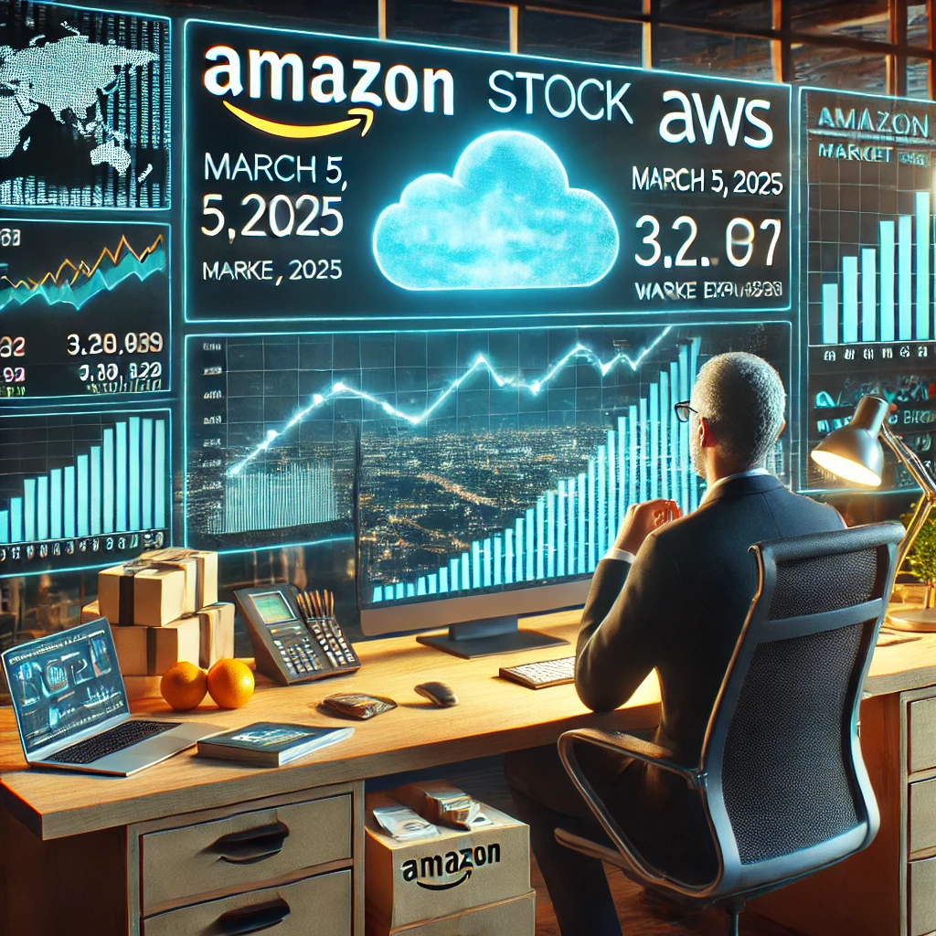 "아마존(AMZN) 주식 가격 변동과 AWS 클라우드 확장 데이터를 분석하는 금융 트레이딩 화면."