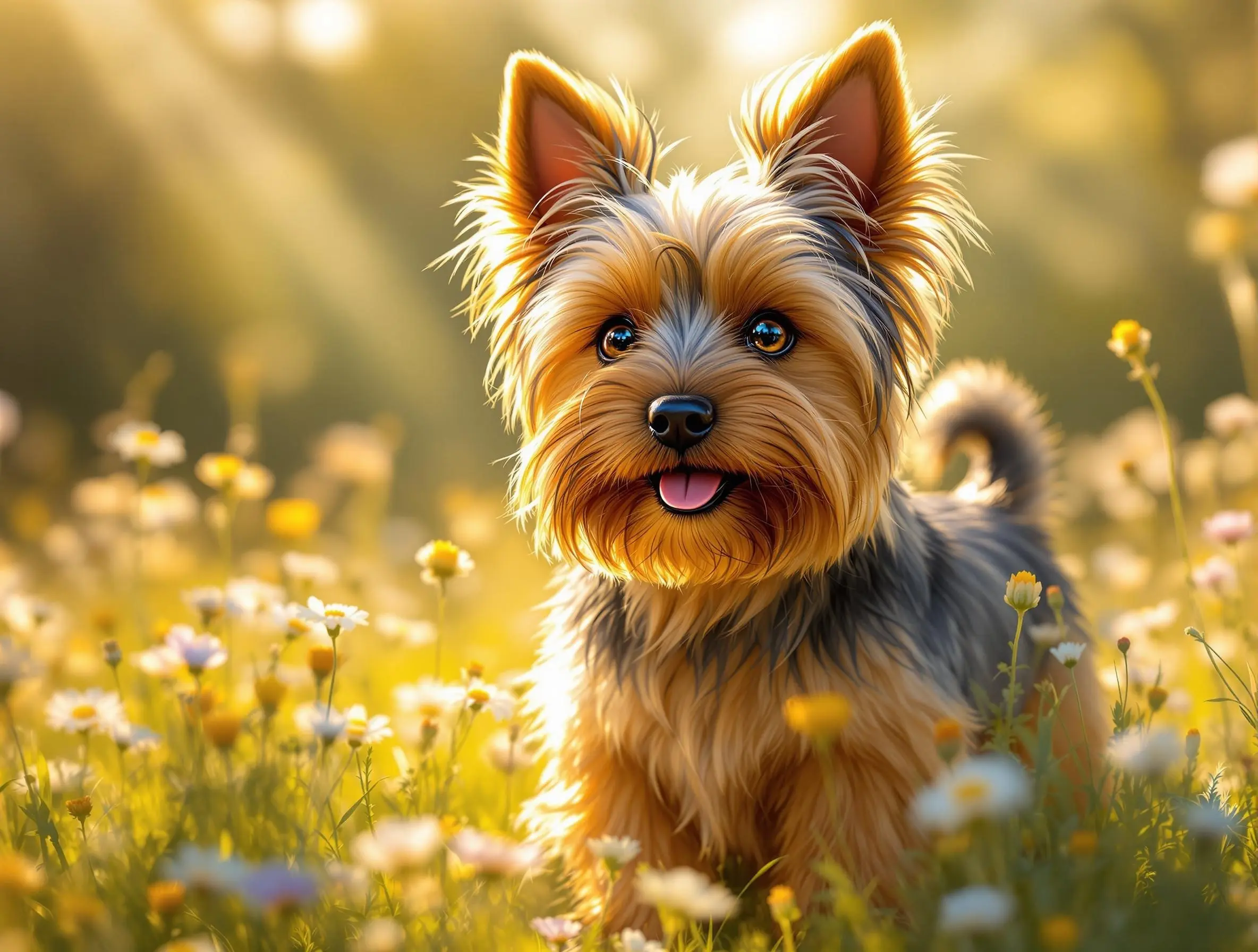 햇살 가득한 들판에서 활기차게 뛰노는 요크셔 테리어