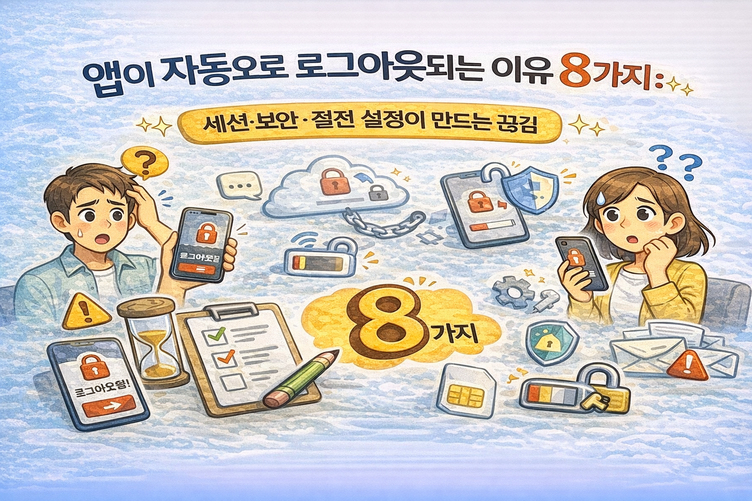 앱이 자동으로 로그아웃되는 원인을 세션, 보안, 절전 설정 기준으로 정리한 점검 가이드 이미지