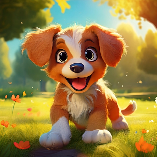만화 스타일의 공원에서 노는 강아지