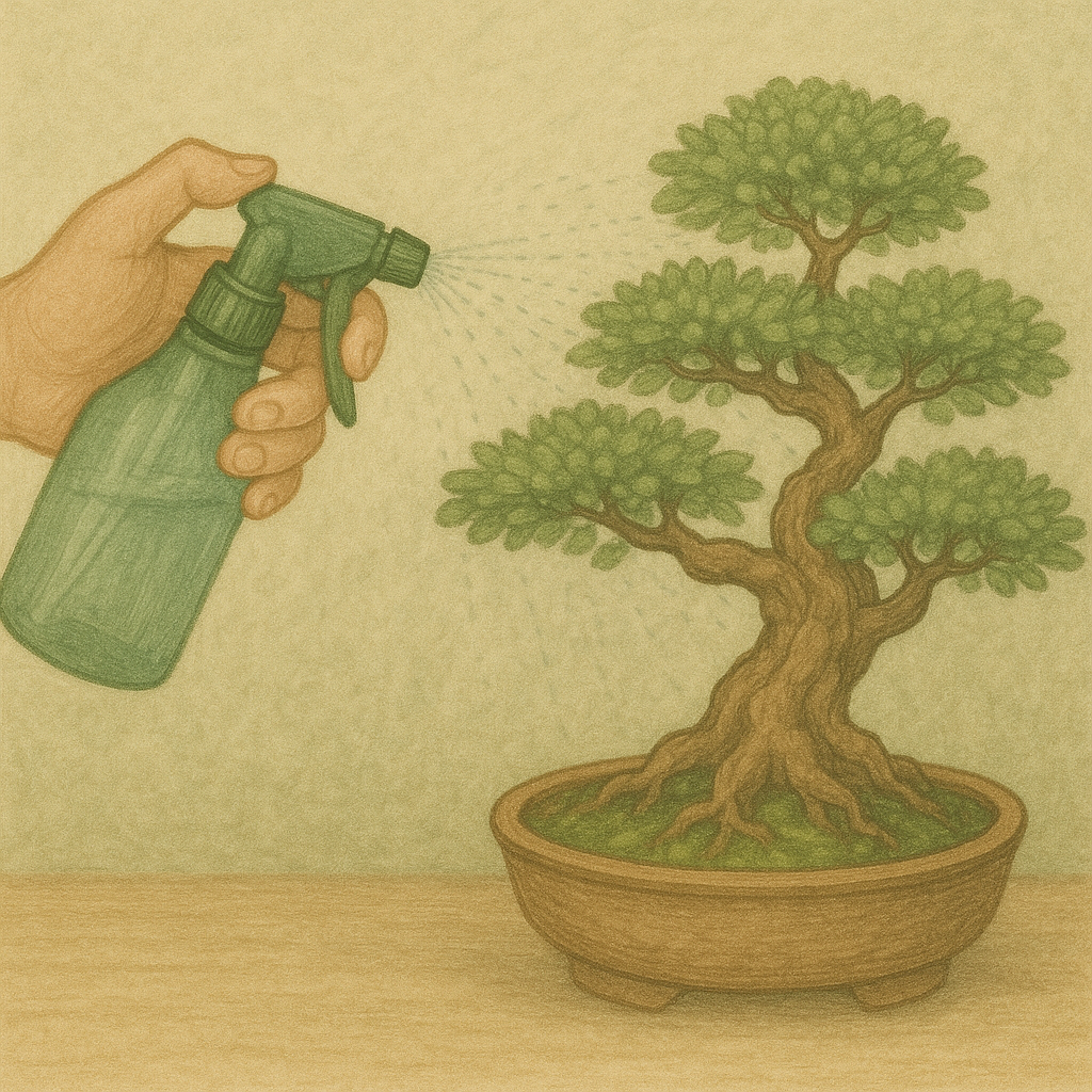 분재에 분무기로 물을 주는 장면