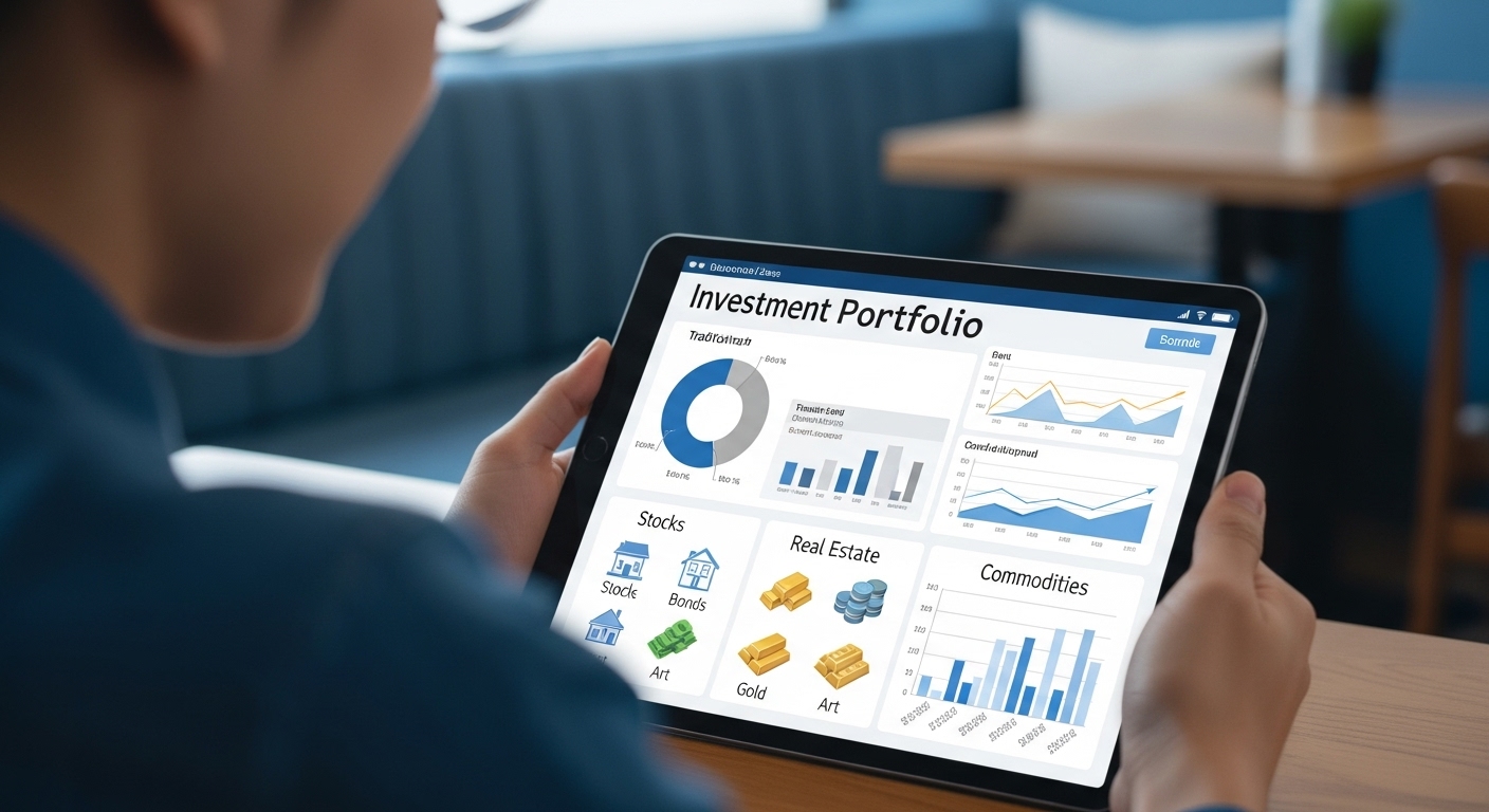 다양한 자산군으로 분산 투자된 포트폴리오를 침착하게 확인하는 MZ세대 투자자