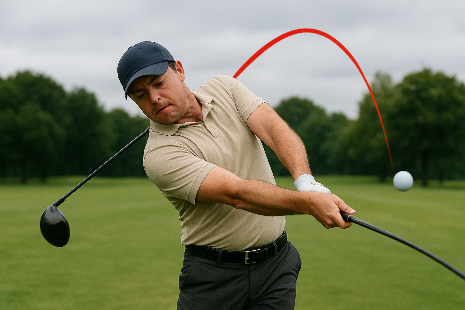 아마추어 남자 골퍼 심한 아웃인 궤도로 인한 슬라이스 나는 모습