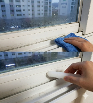 창틀에 맺힌 결로를 닦아내는 모습