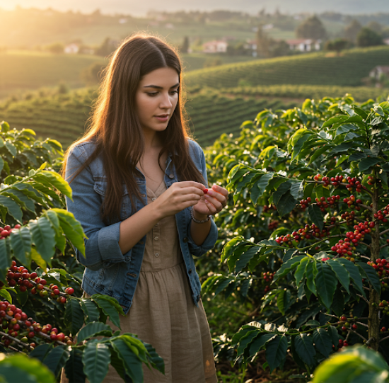 여성 여행자가 커피농장에서 체험하는 모습