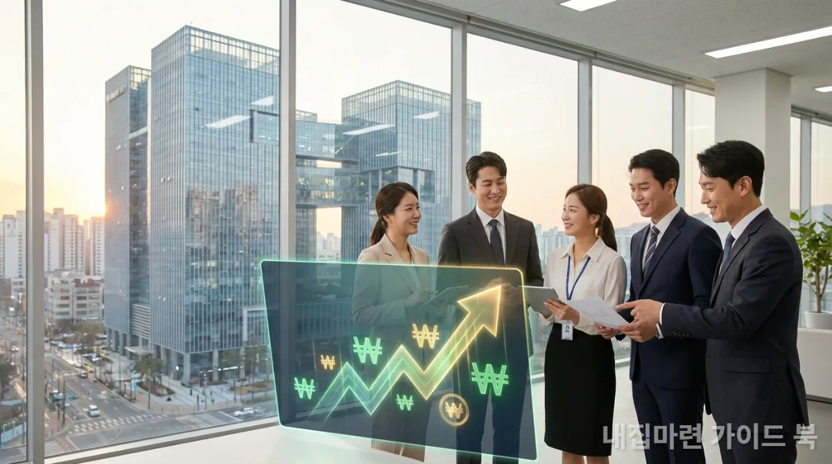 한국 지식산업센터 투자로 인한 재정적 이점을 보여주는 그래픽과 만족스러운 한국인 투자자들