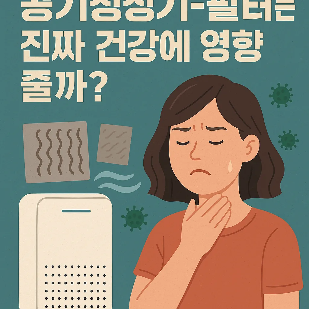 공기청정기-필터가-건강에-영향을-주는지-고민하는-여성과-공기청정기-먼지-필터-바이러스-아이콘이-표현된-일러스트