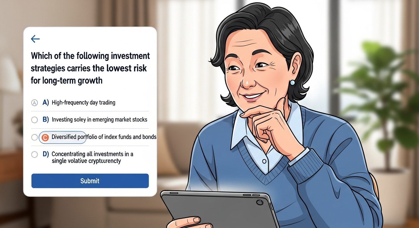 투자 성향 진단 퀴즈를 풀고 있는 중년 한국인. AI 재테크 시작 전 자신의 재정 목표와 위험 선호도를 파악하는 과정을 상징합니다.