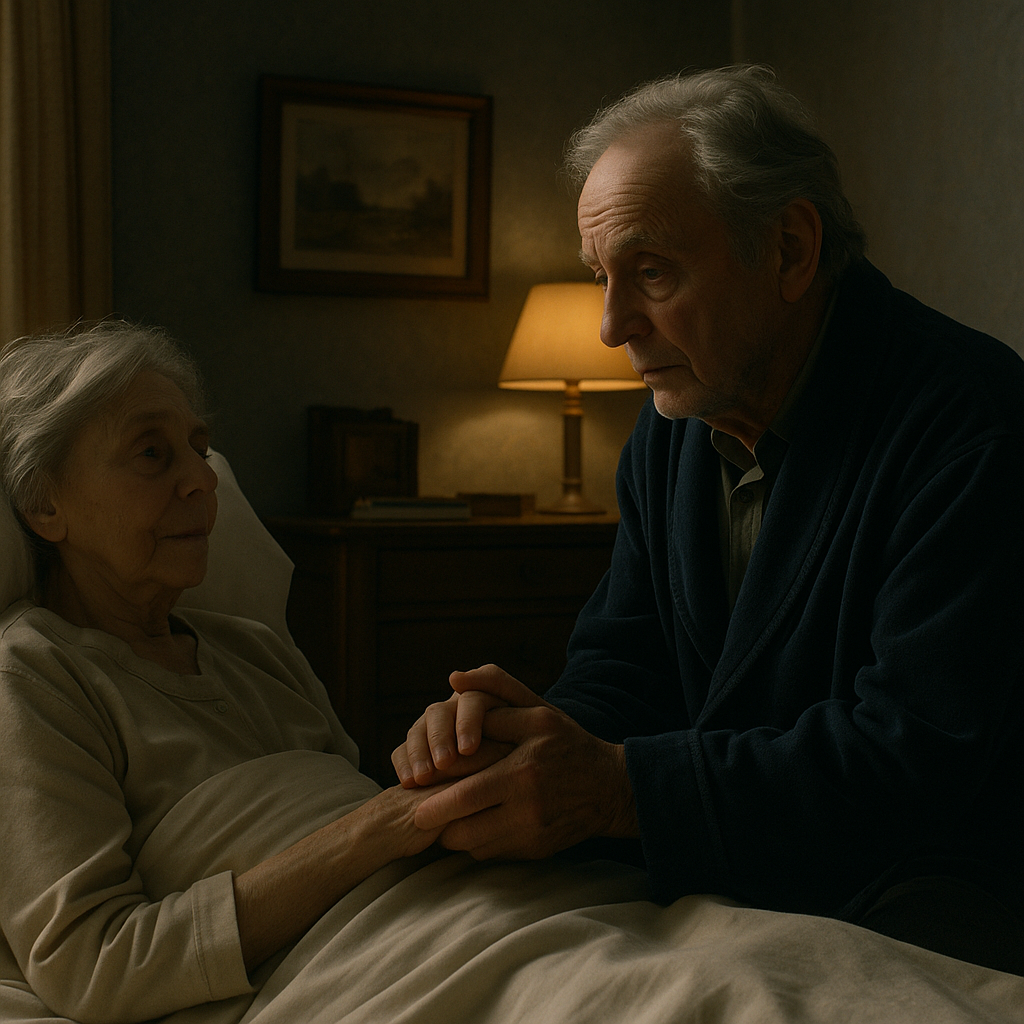노년의 부부가 있습니다. 아픈 아내를 남편이 애처롭게 바라보고 있습니다.