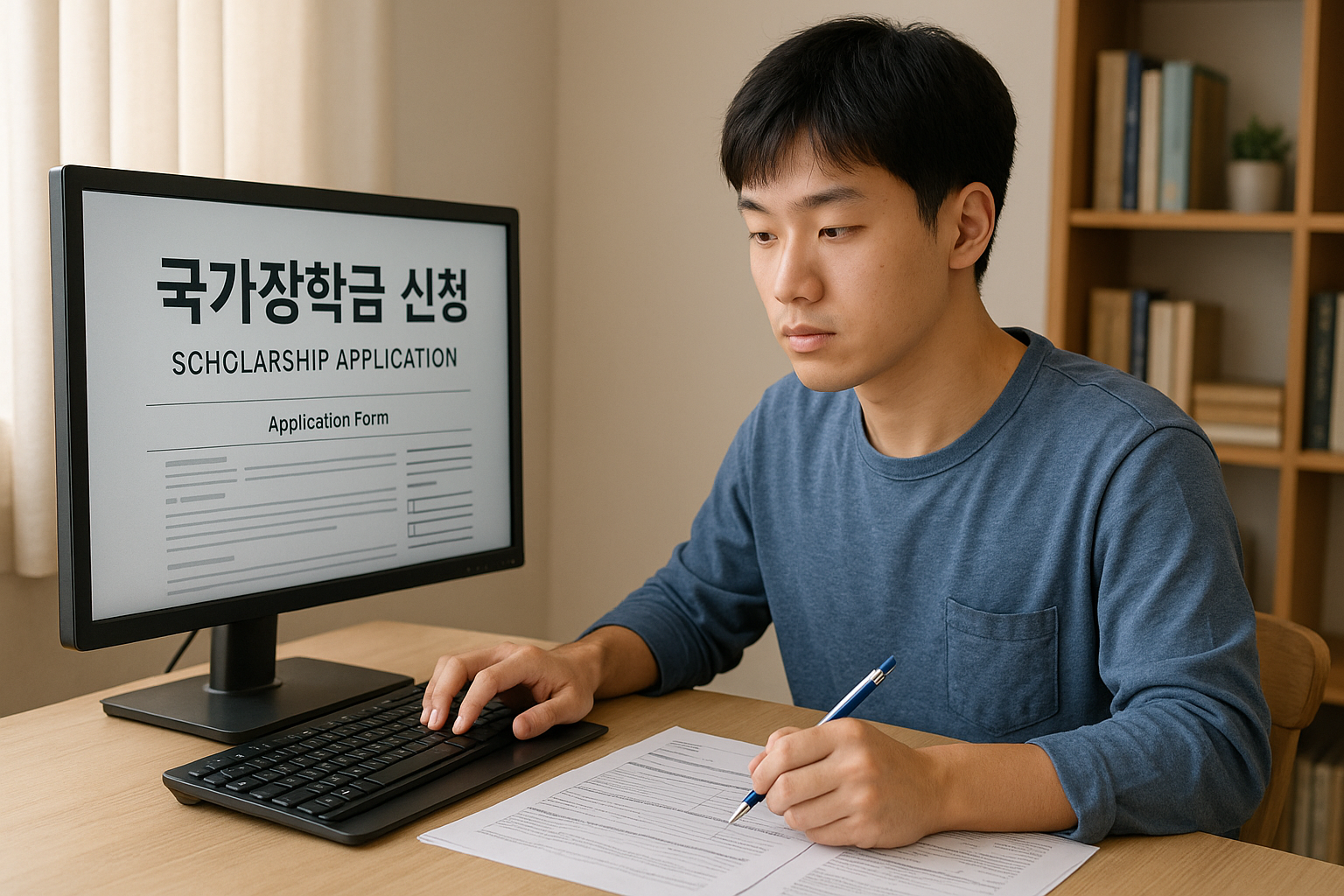 국가장학금 신청을 준비 중인 대학생이 온라인으로 서류를 정리하는 모습