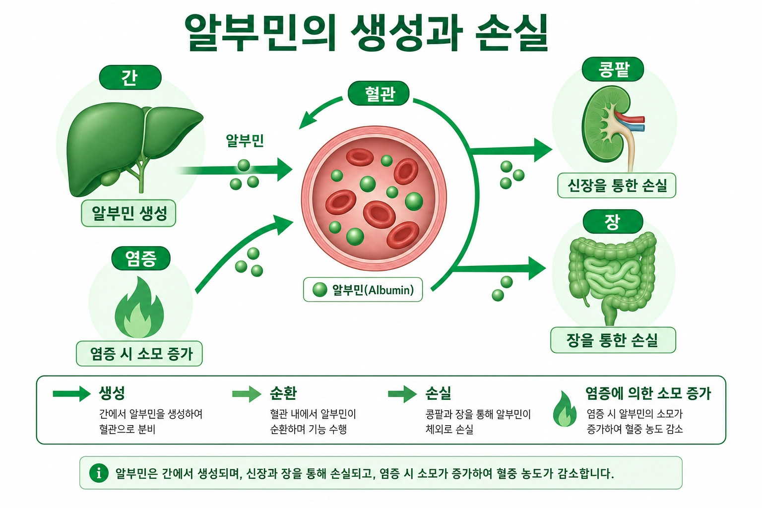 저알부민혈증 원인 알부민 생성 손실 경로 일러스트