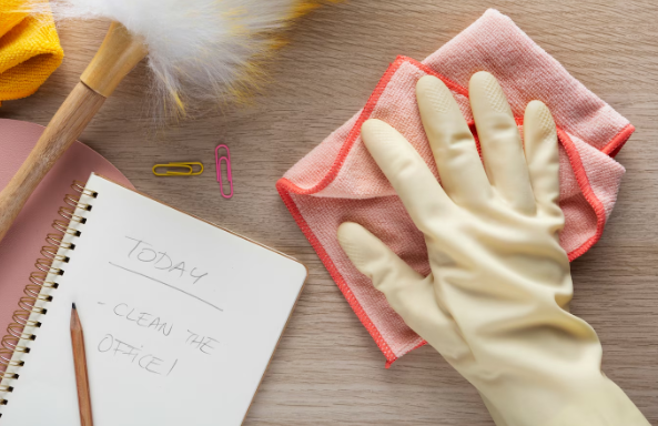 청소 계획이 적힌 수첩과 고무장갑을 낀 손이 걸레로 책상을 닦고 있는 모습
