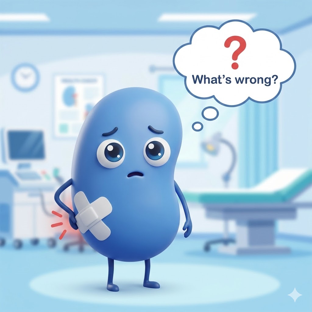 3D Cartoon Illustration style, a cute anthropomorphic character looking worried and holding its right back area with a bandage, feeling discomfort. The character could be a stylized representation of a kidney, a lung, or a gallbladder, but in a friendly and non-graphic way. The background is soft and clean, like a health checkup room, with a subtle blue and white color palette. A thought bubble above its head shows a question mark and the English text 'What's wrong?'. The overall mood is slightly concerned but friendly and informative. Square image (1:1).