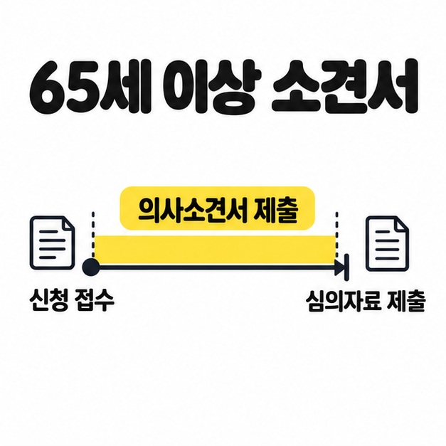 65세 이상 소견서 제목 아래 신청 접수부터 심의자료 제출 직전까지 의사소견서를 제출하는 구간을 노란색 띠로 표시한 시간선