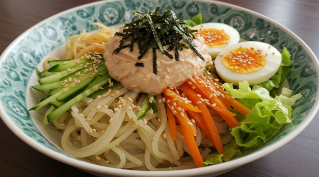 완성된 참치마요 비빔면이 그릇에 담겨 있다.