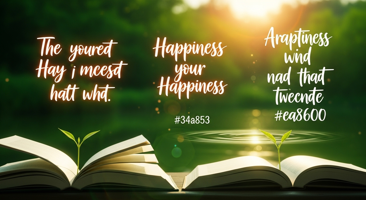 햇살 가득한 자연 풍경을 배경으로 행복 영어 명언이 적힌 책과 종이들이 조화롭게 놓여있는 영감 주는 이미지