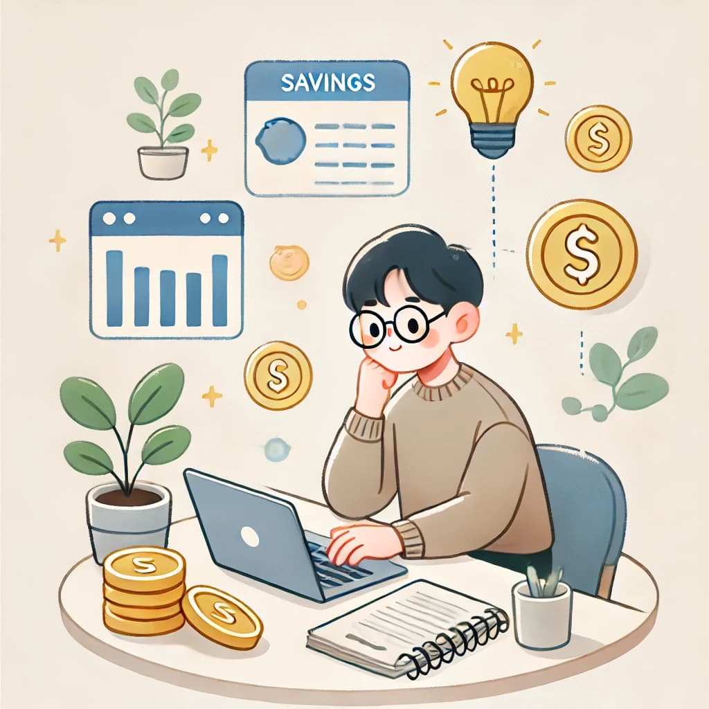 saving 되는 돈을 노트북으로 보고있는 청년의 모습