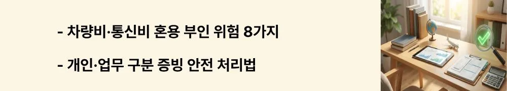 차량비·통신비 혼용 부인 위험 8가지라는 문구가 포함된 웹배너 이미지. 이 이미지는 차량유지비, 통신비, 홈오피스 공과금, 업무용 장비 등 개인과 업무가 혼용되는 필요경비 항목의 안전한 처리 방법을 시각적으로 전달하며, 블로그의 종합소득세 혼용 경비 증빙 관리와 관련된 내용을 설명함