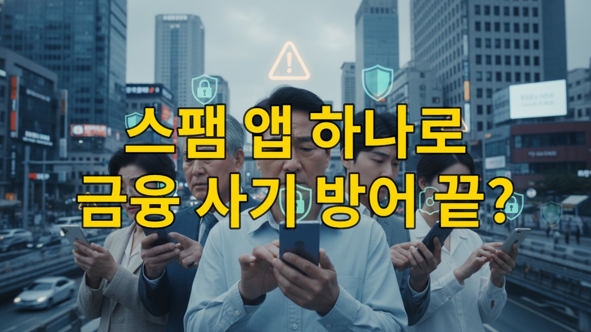 다양한 연령대의 한국인들이 스마트폰을 보며 금융 사기에 대비하는 모습, 보안 아이콘들이 주변을 감싸고 있는 2026년 서울 도심의 모습
