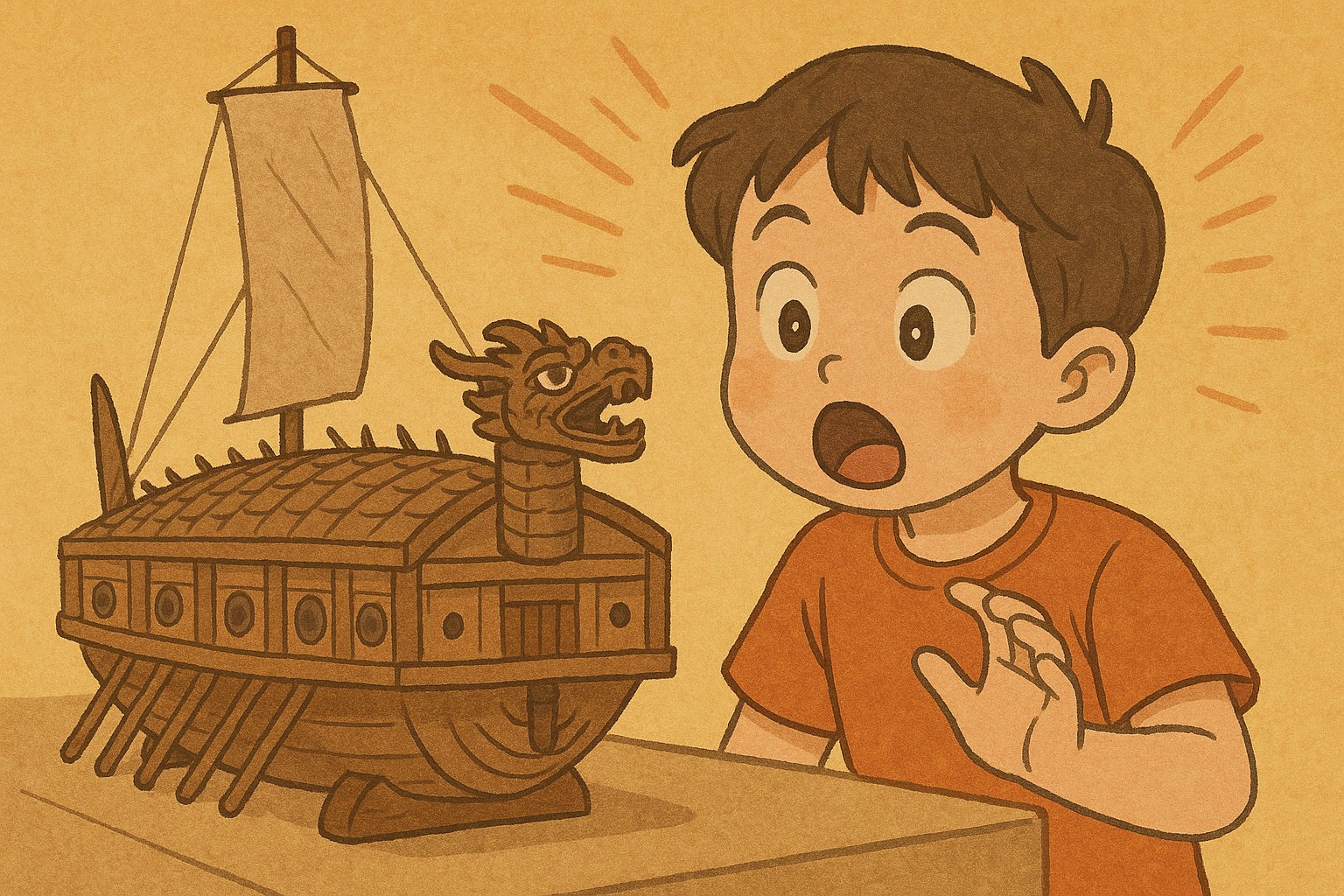 이가 거북선 모형을 보고 놀라는 장면 일러스트