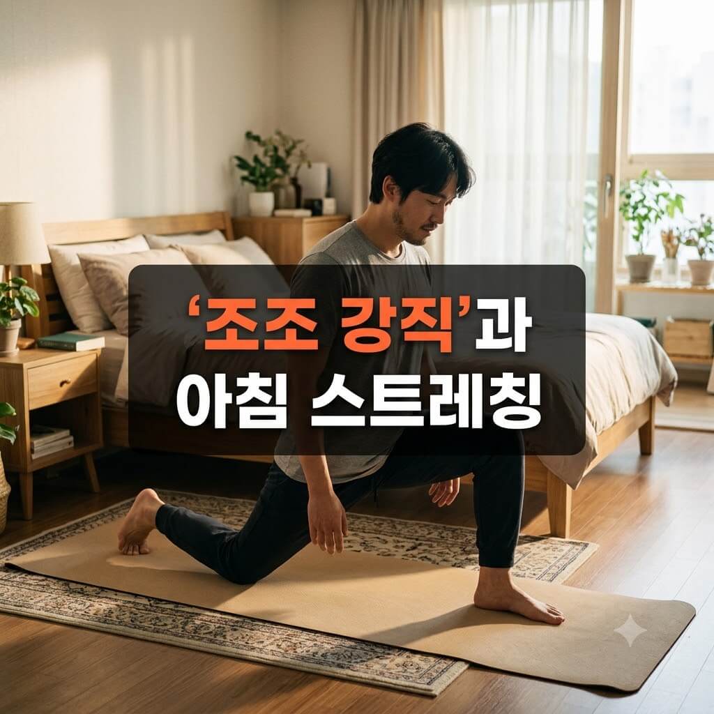 조조강직으로 인한 아침 스트레칭 중인 중년남성