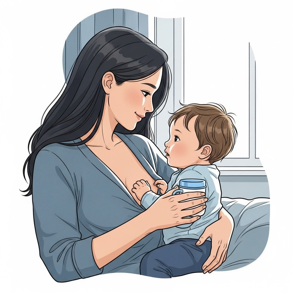 엄마와 아기가 서로 사랑스럽게 바라보며 단유 과정을 준비하는 모습. 엄마가 아기에게 컵을 건네고 있다.