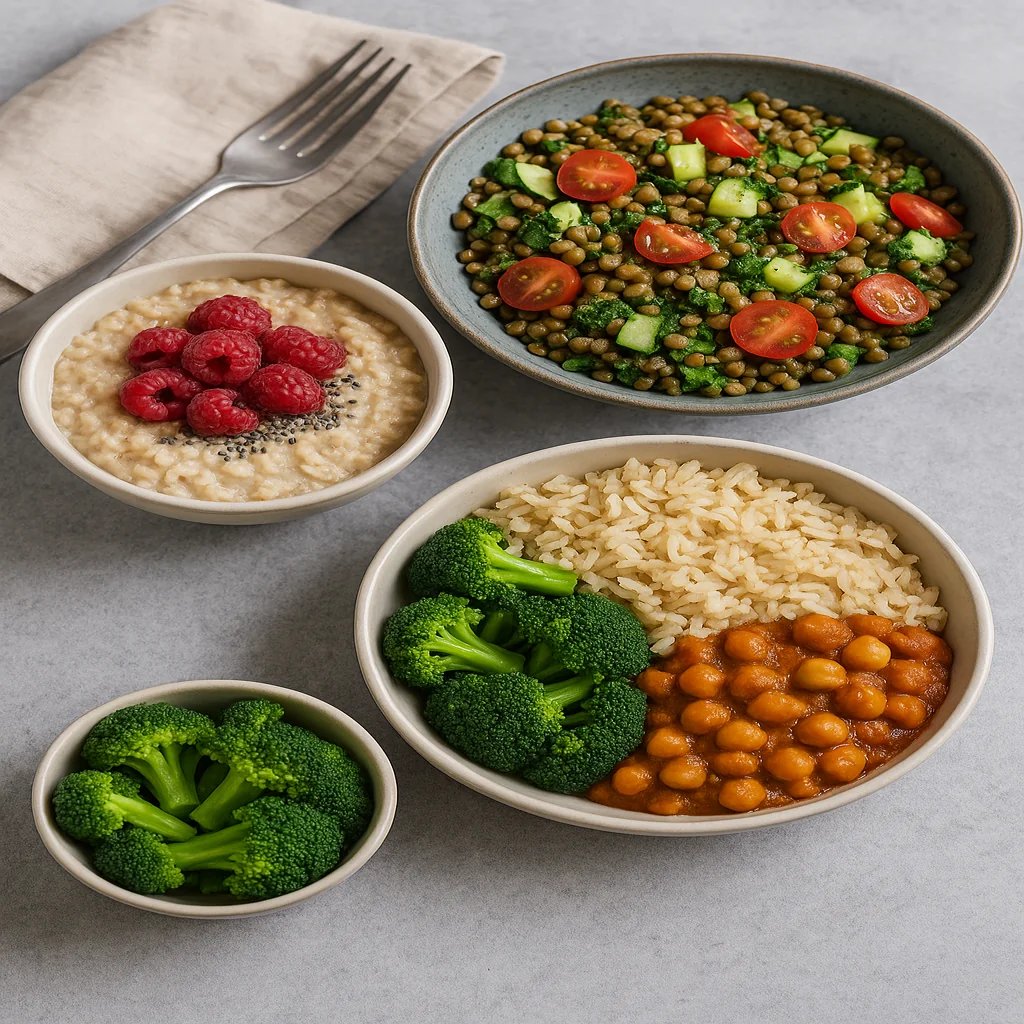 "귀리 오트밀과 라즈베리, 치아씨드가 담긴 아침 식사, 렌틸콩·방울토마토·오이 샐러드, 현미밥과 병아리콩 스튜, 찐 브로콜리로 구성된 고섬유질 건강식 세트