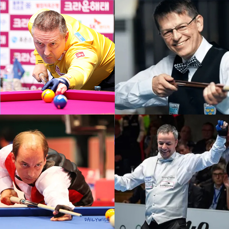 3쿠션 당구 4재천황은 누구인가? 상단 좌측부터 시계방향으로 쿠드롱, 브롬달, 야스퍼스, 산체스