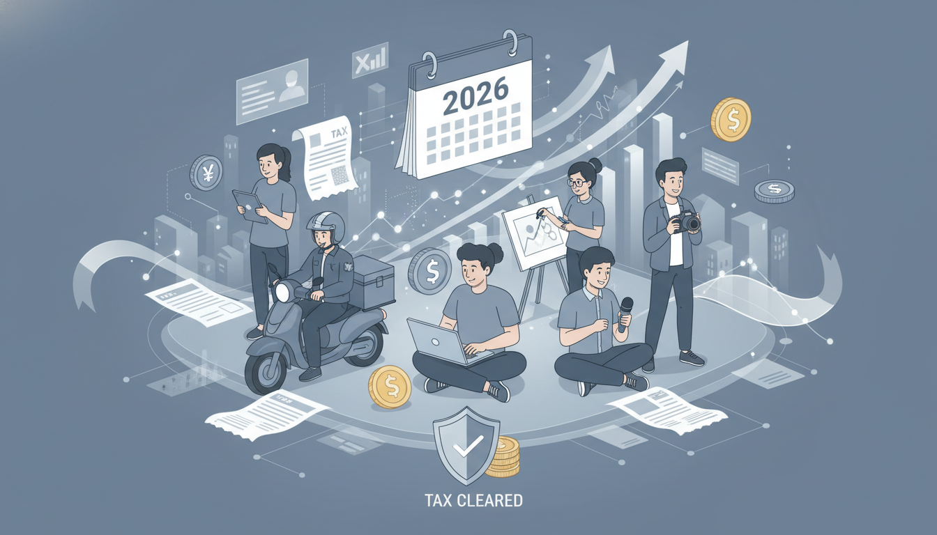 다양한 부업 활동을 하는 N잡러들이 세금 서류와 돈이 흩날리는 디지털 공간에서 절세 팁을 찾으며 재정적 안정을 이루는 모습