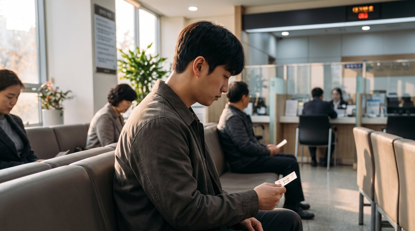 은행 영업점에서 번호표를 들고 순서를 기다리는 청년