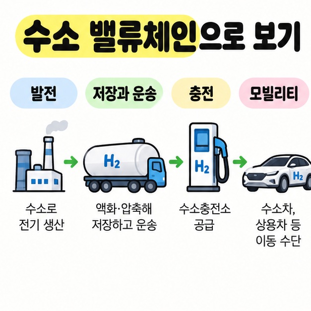 수소에너지 산업을 발전, 저장과 운송, 충전, 모빌리티 순서의 밸류체인으로 보여주는 카드