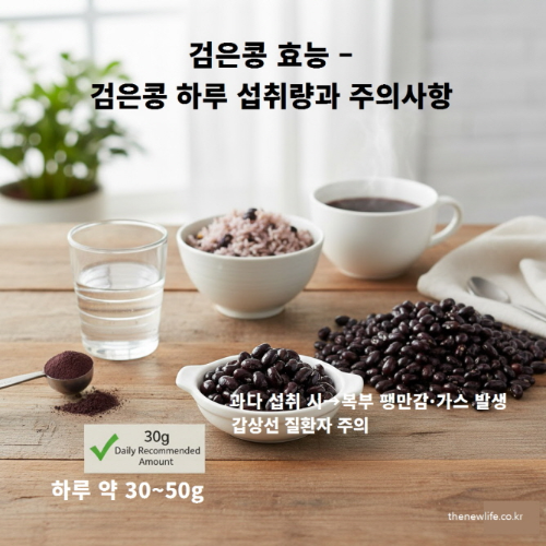 검은콩 하루 섭취량과 주의사항 – 하루 권장량 30~50g, 과다 섭취 시 복부 팽만감 및 가스 발생 주의