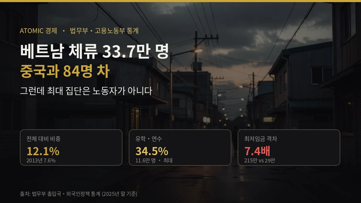 국내 체류 베트남인 33만 7천 명과 전체의 12.1퍼센트 비중 그리고 유학 연수가 34.5퍼센트라는 구성을 다룬 일러스트