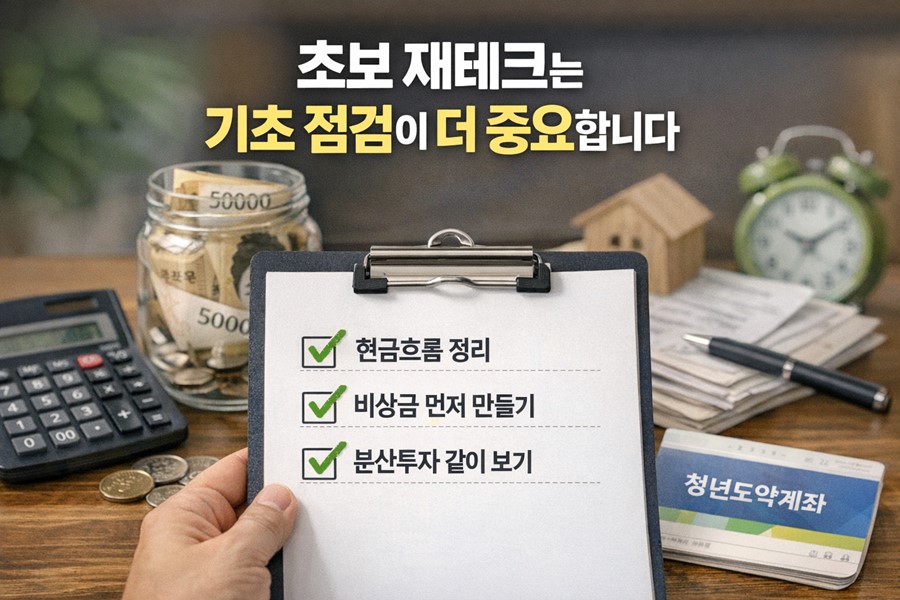 현금흐름과 비상금, 부채 점검, 분산투자, 자산형성상품을 함께 확인하며 초보 재테크를 시작하는 방법을 보여주는 체크리스트 이미지