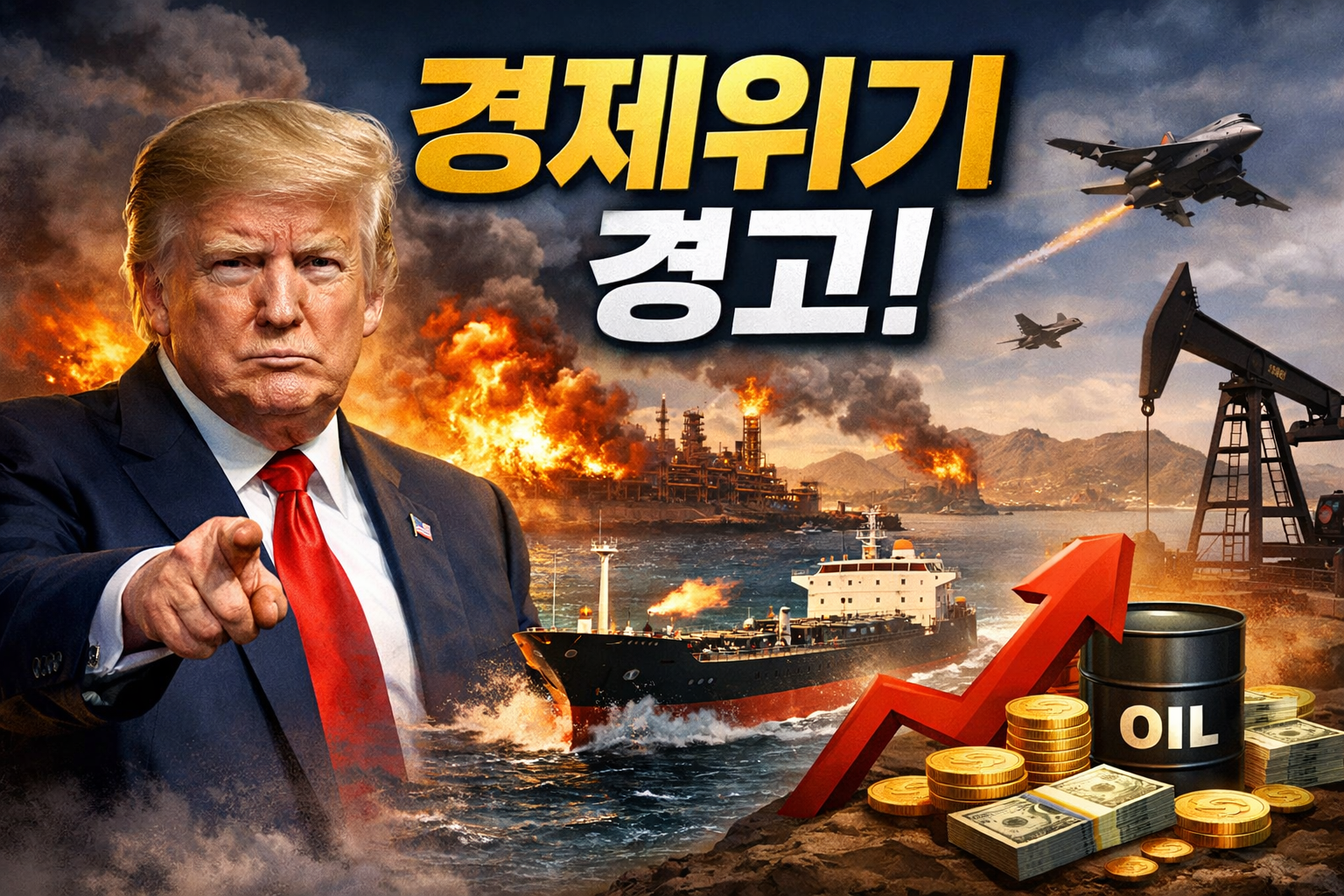 호르무즈 해협 긴장 고조, 유조선과 전투기, 화재가 난 정유시설, 상승 화살표와 원유 배럴로 유가 충격과 한국 경제 불안을 표현한 썸네일 이미지